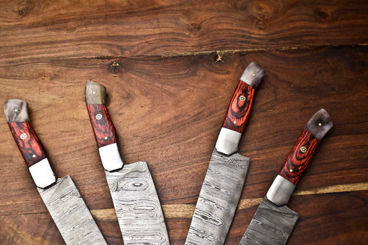 Premium 4-Piece Handmade Hammered Damascus Steel Chef Knife Set – Professional Kitchen Blades
