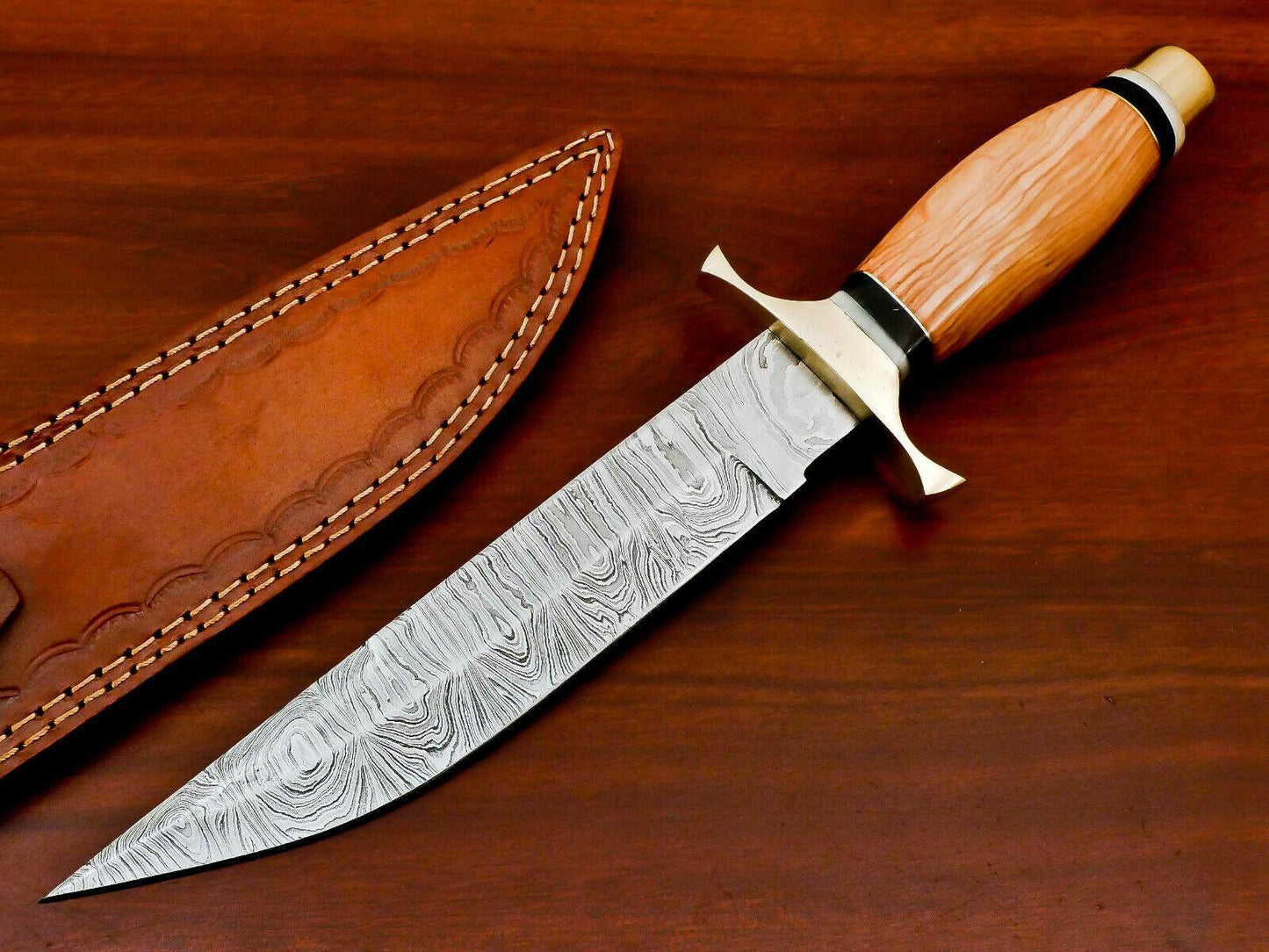 Handmade Damascus Steel Bowie Hunting Knife | Olive Wood Handle & Brass Guard