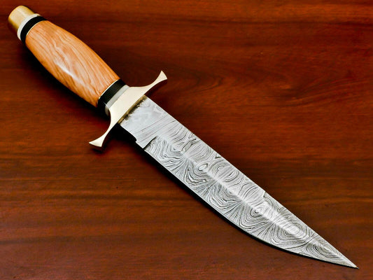 Handmade Damascus Steel Bowie Hunting Knife | Olive Wood Handle & Brass Guard