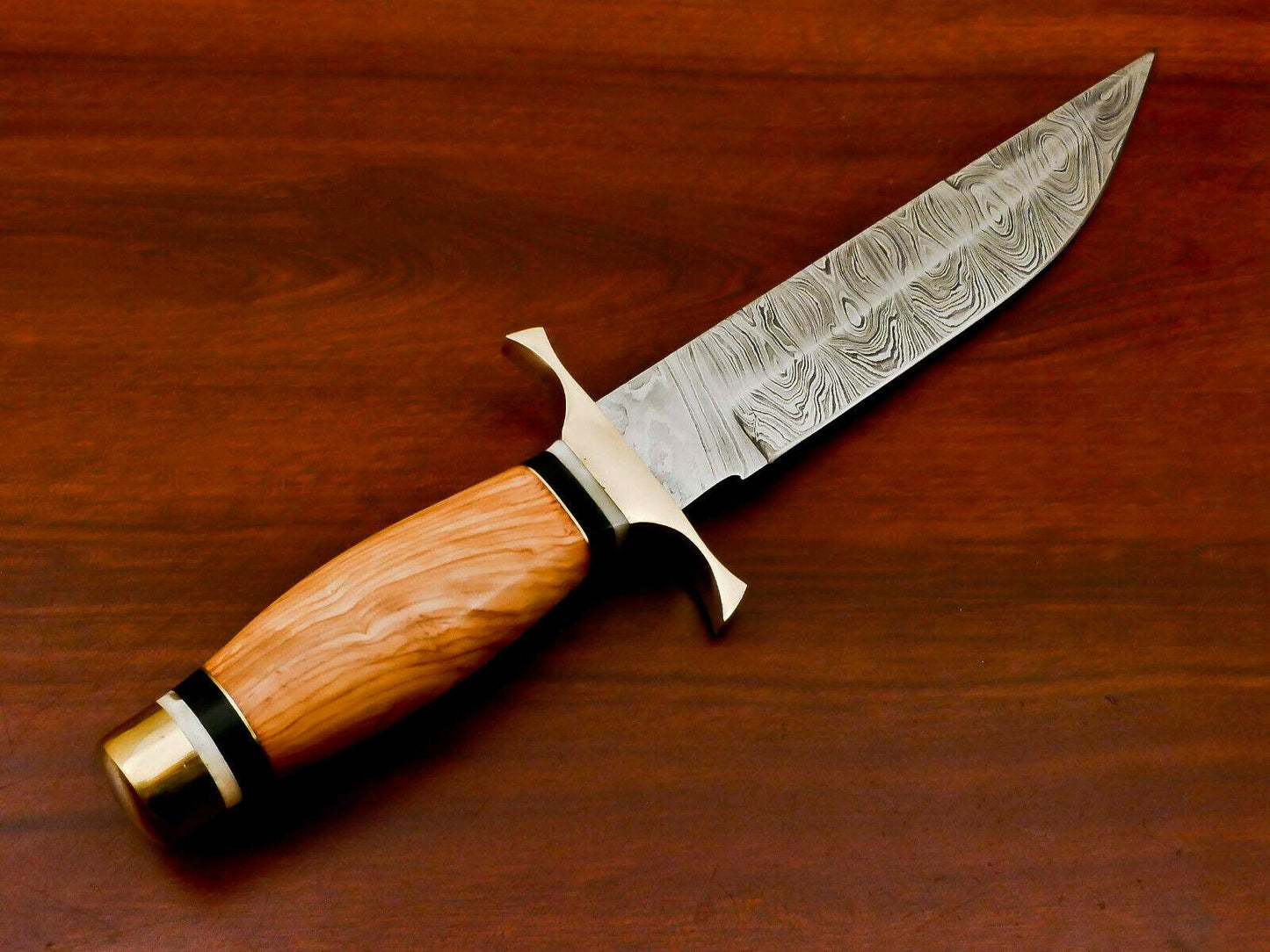 Handmade Damascus Steel Bowie Hunting Knife | Olive Wood Handle & Brass Guard