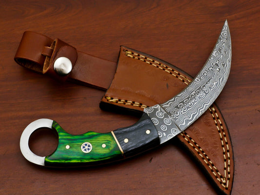 8.5 Inch Damascus Steel Karambit Dagger Knife with Pakka Wood Handle and Sheath