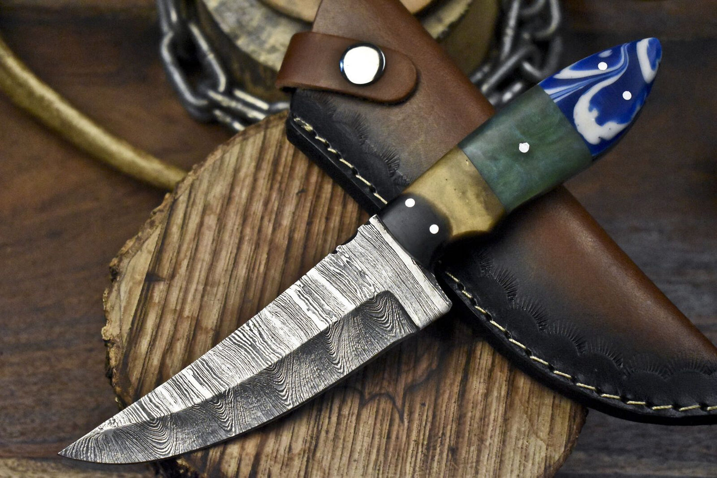 Hand Forged Twist Damascus Skinner Knife with Corian Handle | Custom Hunting Survival Blade