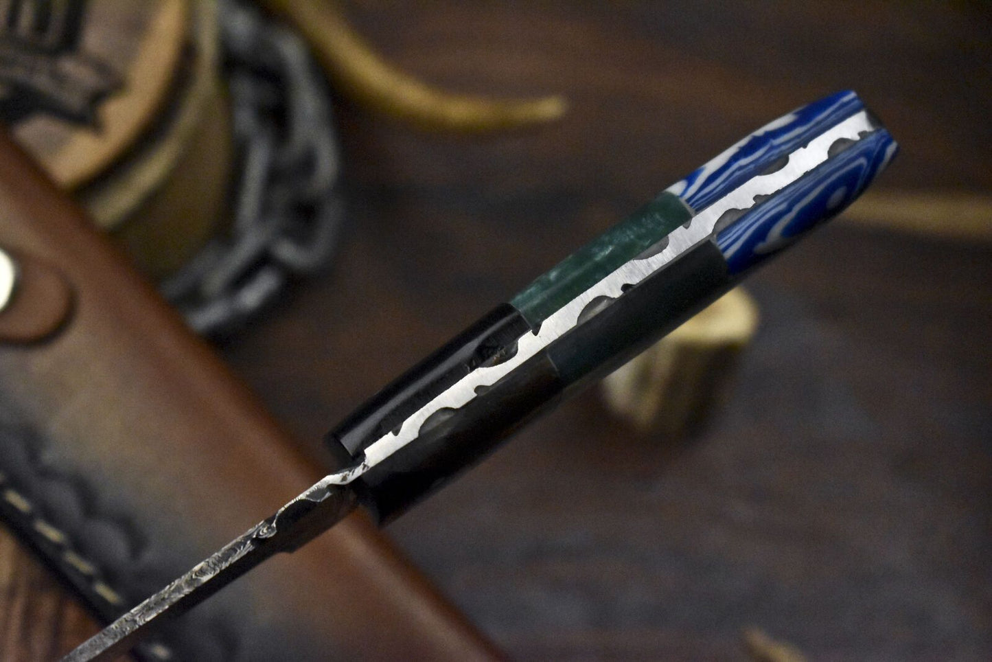Hand Forged Twist Damascus Skinner Knife with Corian Handle | Custom Hunting Survival Blade