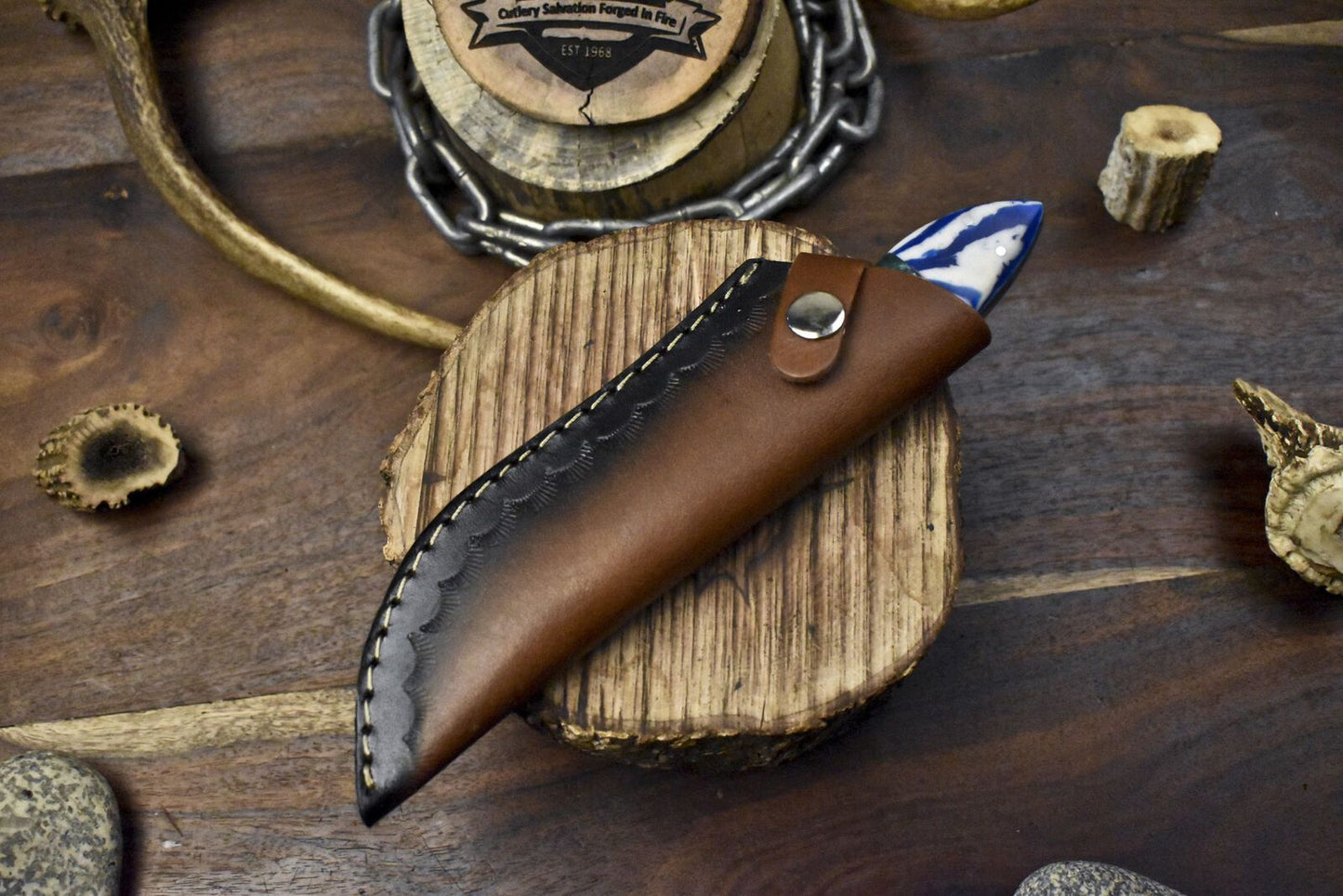 Hand Forged Twist Damascus Skinner Knife with Corian Handle | Custom Hunting Survival Blade