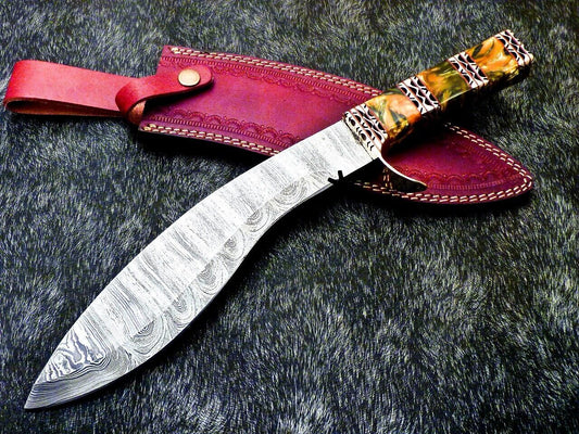15 Inch Damascus Kukri Knife with Resin Handle and Brass Bolster