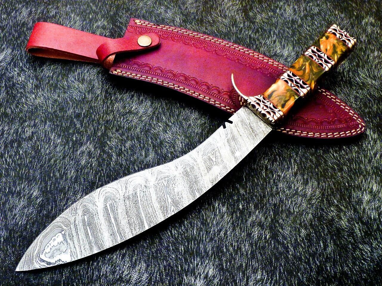 15 Inch Damascus Kukri Knife with Resin Handle and Brass Bolster