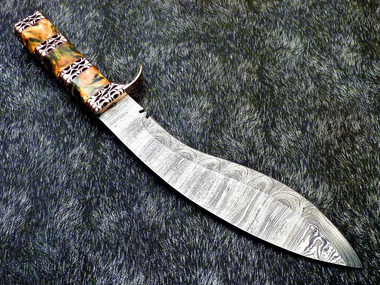 15 Inch Damascus Kukri Knife with Resin Handle and Brass Bolster