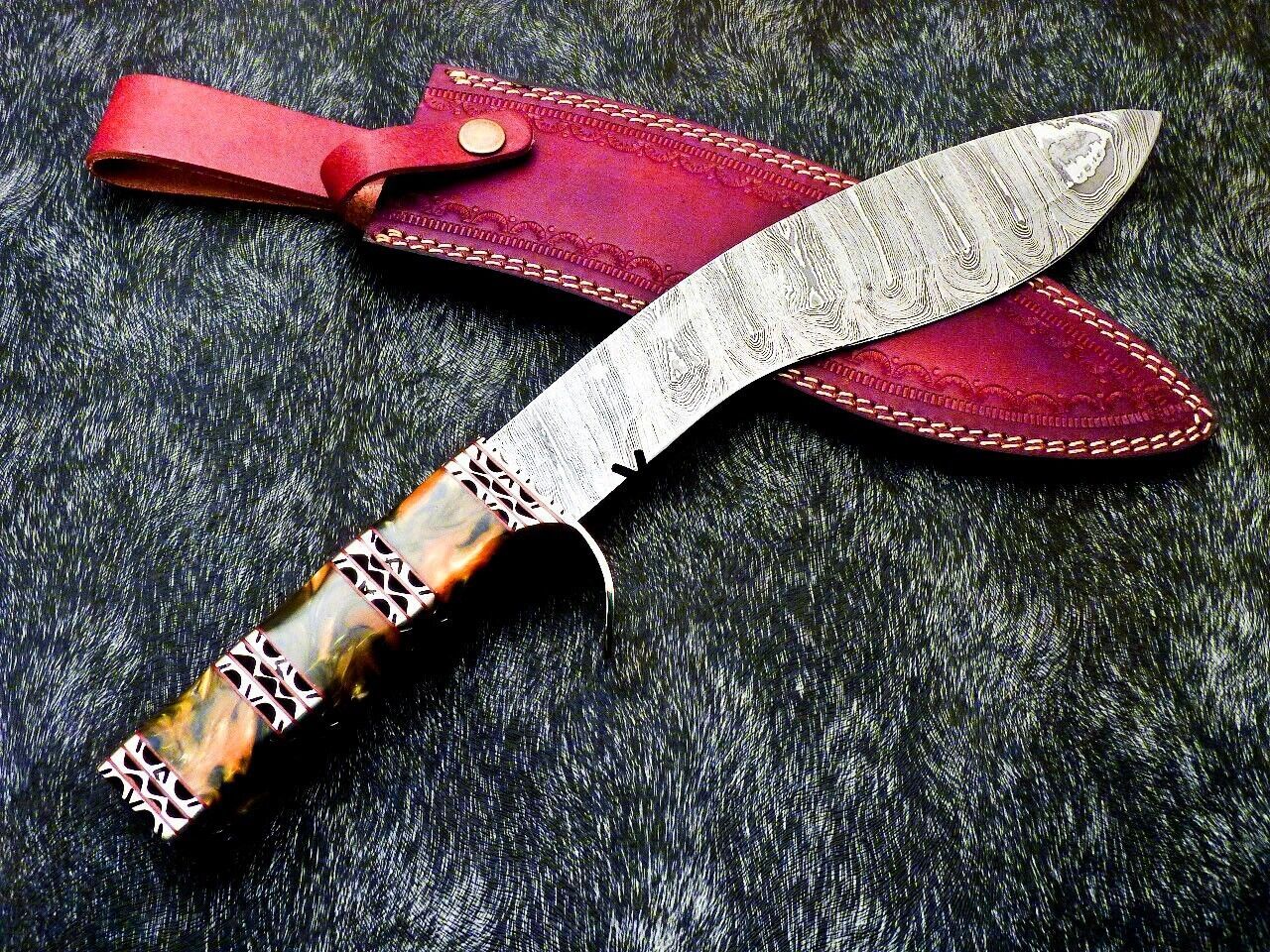 15 Inch Damascus Kukri Knife with Resin Handle and Brass Bolster