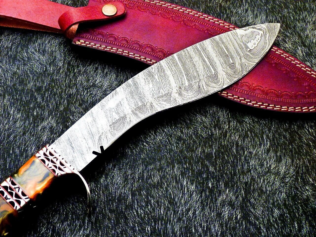 15 Inch Damascus Kukri Knife with Resin Handle and Brass Bolster