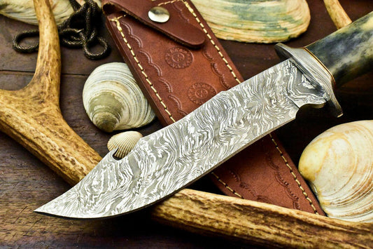 12" Handmade Damascus Bowie Knife – Camel Bone Handle and Leather Sheath