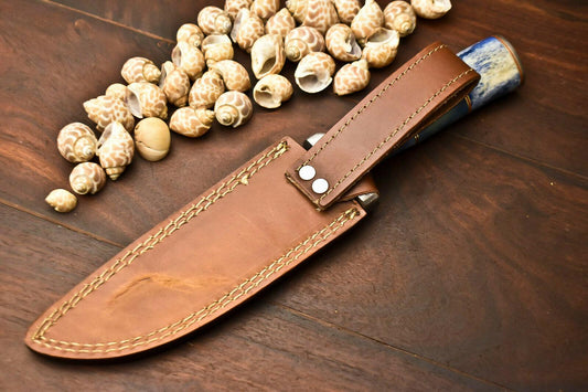 13.5" Handmade Damascus Bowie Knife | Camel Bone Handle | Outdoor Hunting