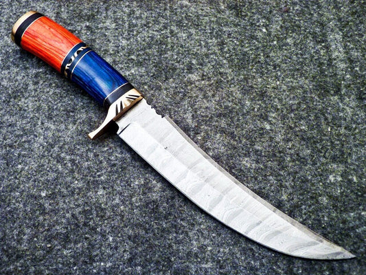 13" Damascus Hunting Bowie Knife – Hardwood Handle | Full Tang with Sheath
