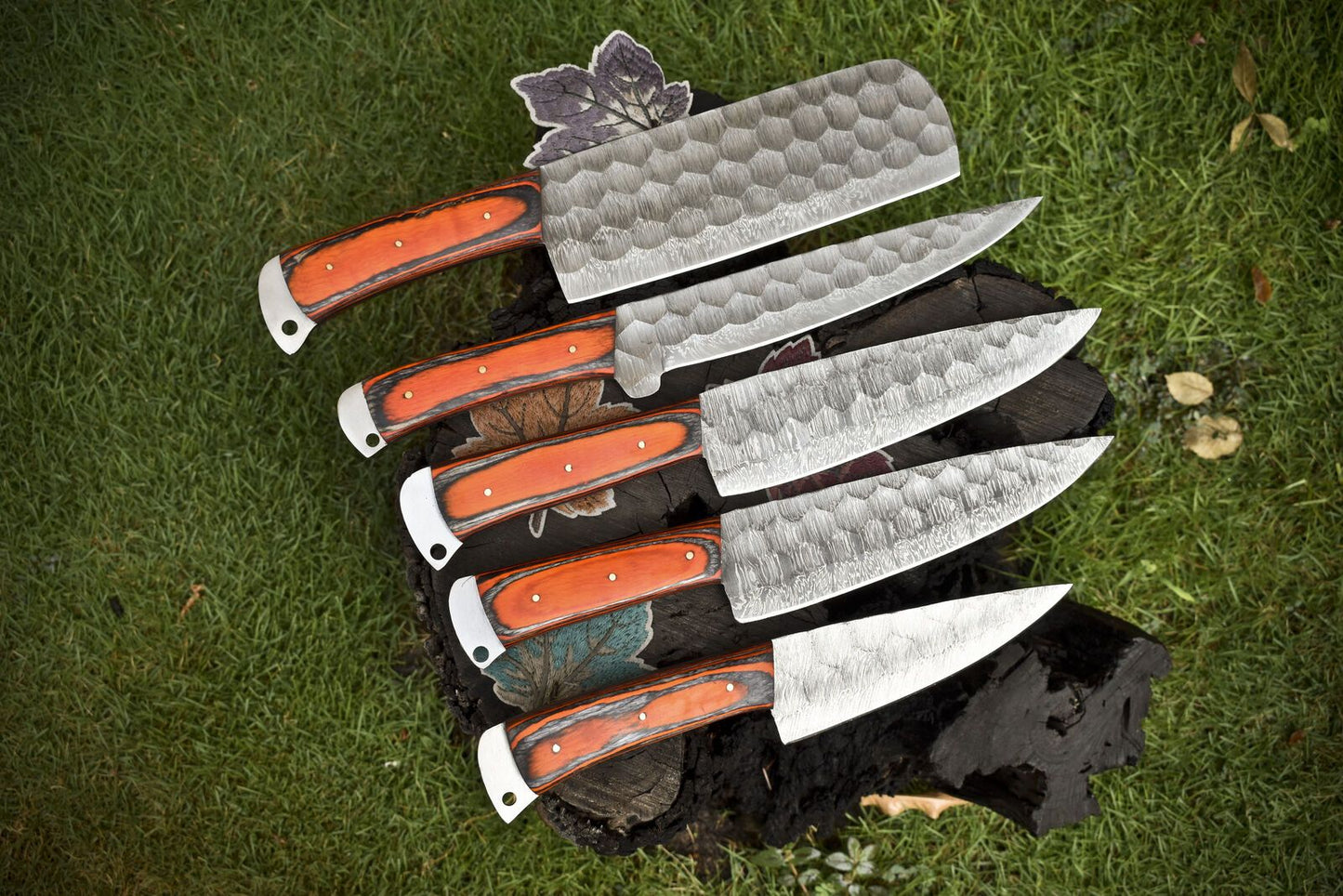 Custom Forged Chef Knife Set Twist Damascus Steel with Hard Wood Handles – Lot of 5 Hiking Knives