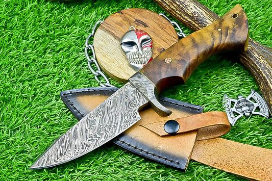 10" Damascus Bobcat Hunting Knife with Wood Handle & Steel Bolster – Handmade Full Tang Knife