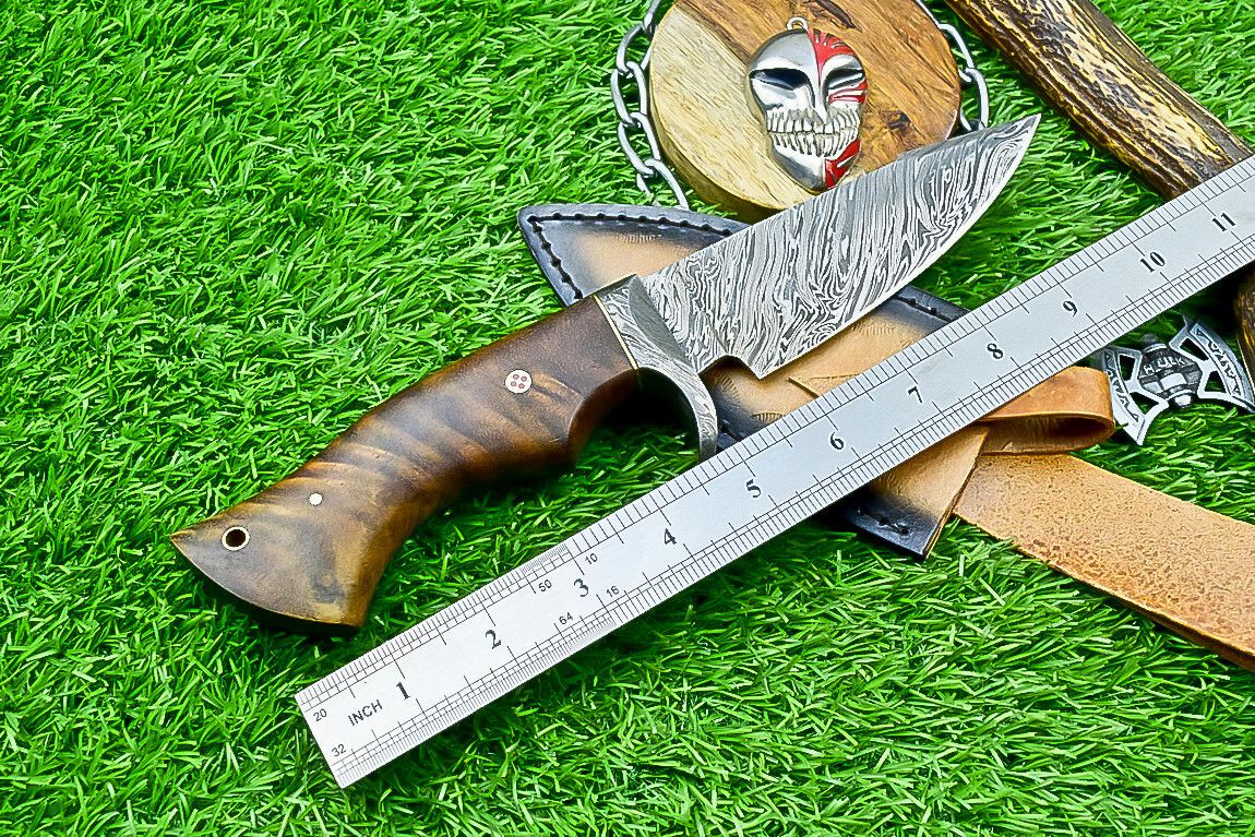 10" Damascus Bobcat Hunting Knife with Wood Handle & Steel Bolster – Handmade Full Tang Knife