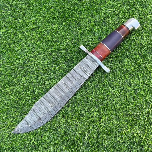 17" Premium Handmade Damascus Steel Bowie Knife – Bone and Horn Handle Knife & Leather Sheath