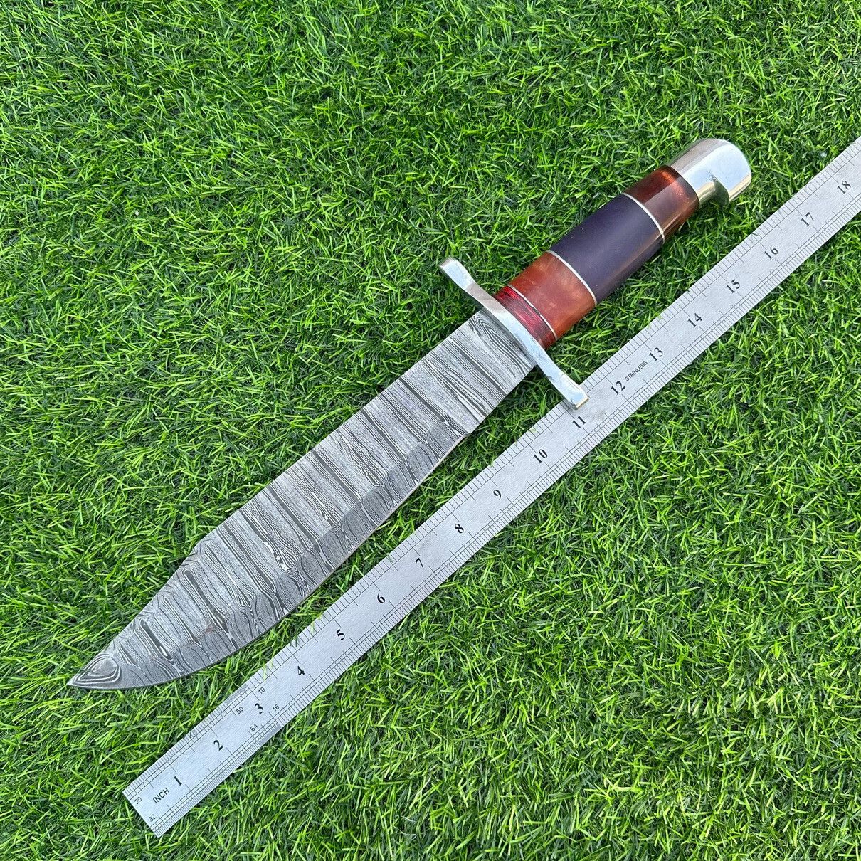 17" Handmade Damascus Steel Bowie Knife – Camel Bone & Resin Handle