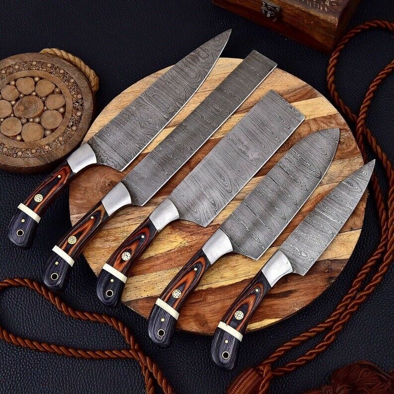 8-Piece Handmade Damascus Professional Kitchen Chef Knife Set with Wood Handles & Leather Case