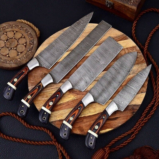 8-Piece Handmade Damascus Professional Kitchen Chef Knife Set with Wood Handles & Leather Case