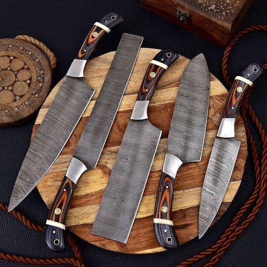 Damascus Professional Kitchen Chef Knife Set – Handmade with Wood Handles & Leather Case