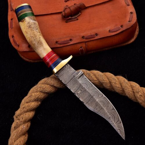Heritage Forge Handmade Damascus Steel Bowie Knife with Stag Handle for Hunting and EDC – 10 Inch