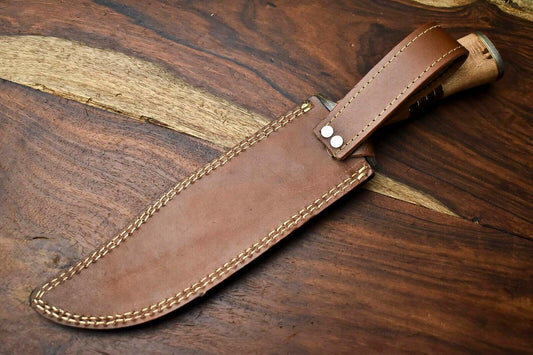 14" Damascus Bowie Knife – Olive Wood Handle & Leather Sheath