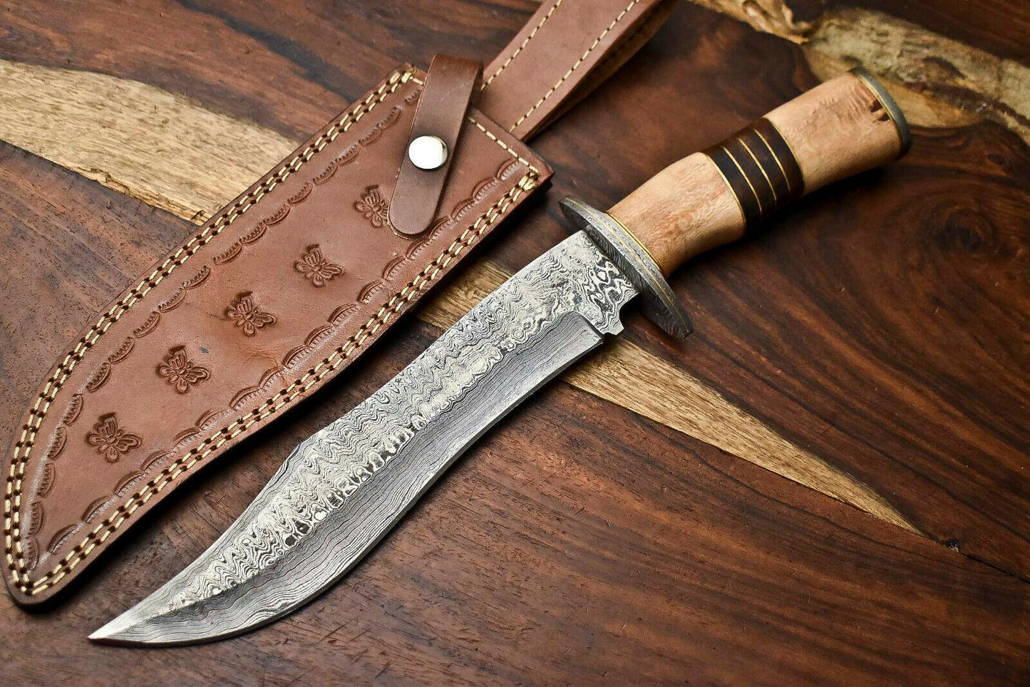 14" Damascus Bowie Knife – Olive Wood Handle & Leather Sheath