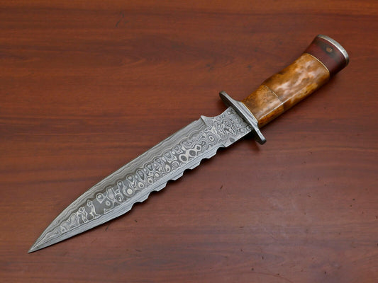 15" Custom Handmade Damascus Bowie Hunting & Camping Knife – Rose Wood & Camel Bone Handle