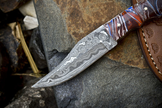 Custom Rain Drop Damascus Skinner Knife with Micarta Handle – 7" Handmade Outdoor Hunting Gift