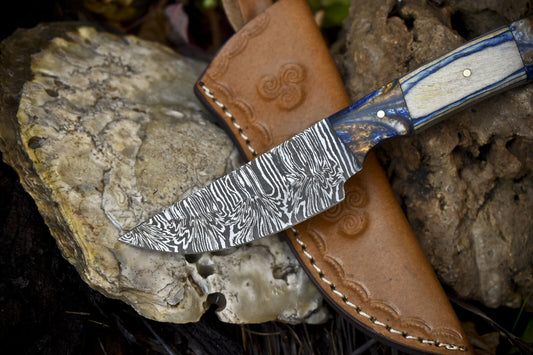 8" Forged Twist Damascus Skinner Knife Mixed Handle Micarta Guard Gift Blade