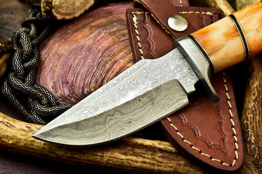 8.5" Custom Handmade Damascus Steel Bowie – Polished Camel Bone Handle & Leather Sheath