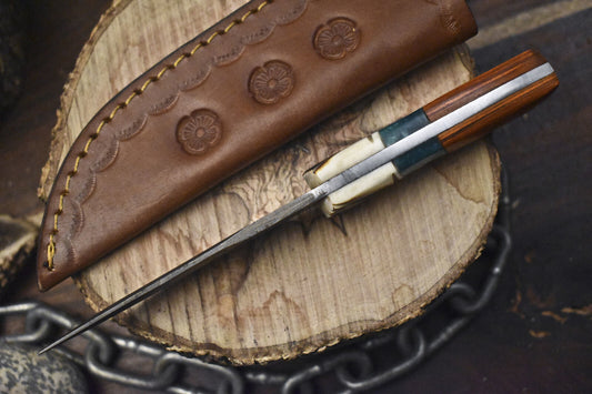 Custom Twist Damascus Skinner Knife with Mixed Material Handle and Leather Sheath