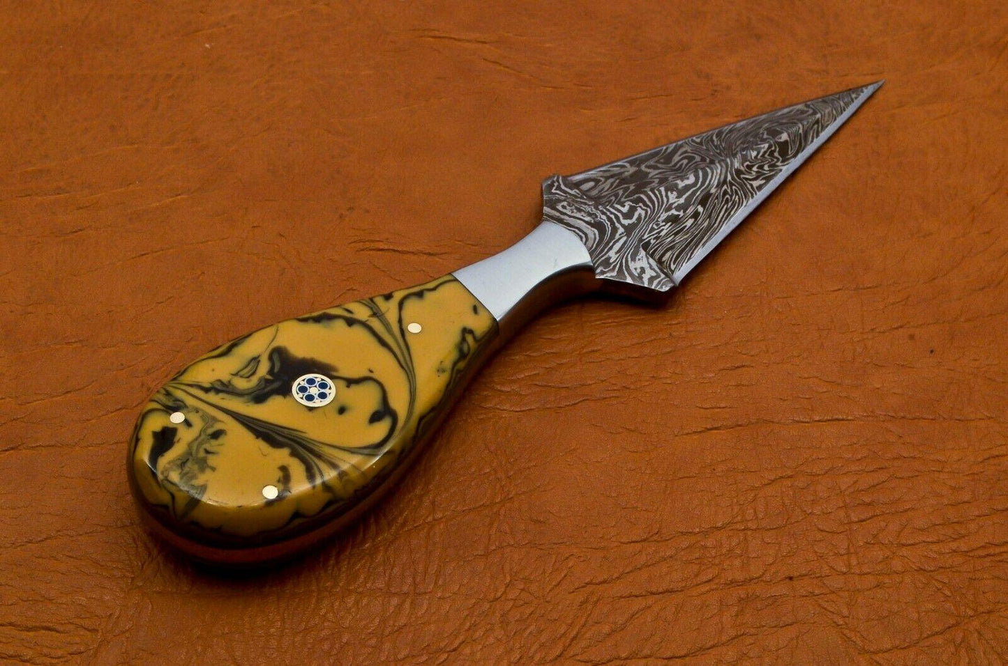 8" Damascus Steel Bowie Knife – Multicolor Handle & Leather Sheath