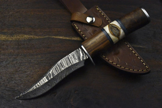 Handmade Damascus Skinner Knife Twist Pattern Bone and Wood Hunting Tool