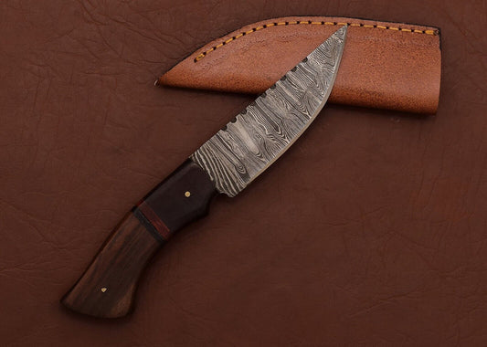 Damascus Steel Hunting Skinner Knife with Pakka Wood Handle and Wooden Bolster – 8 Inch Outdoor Blade with Leather Sheath