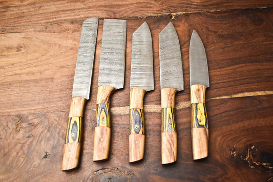 Custom Lot of 5 Handmade Hammered Damascus Steel Chef Knife Set – Full Tang Kitchen Blades