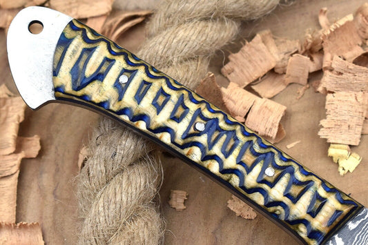 Custom Handmade Forged Damascus Steel Kitchen Chef Knife – White & Blue Dollar Sheet Handle