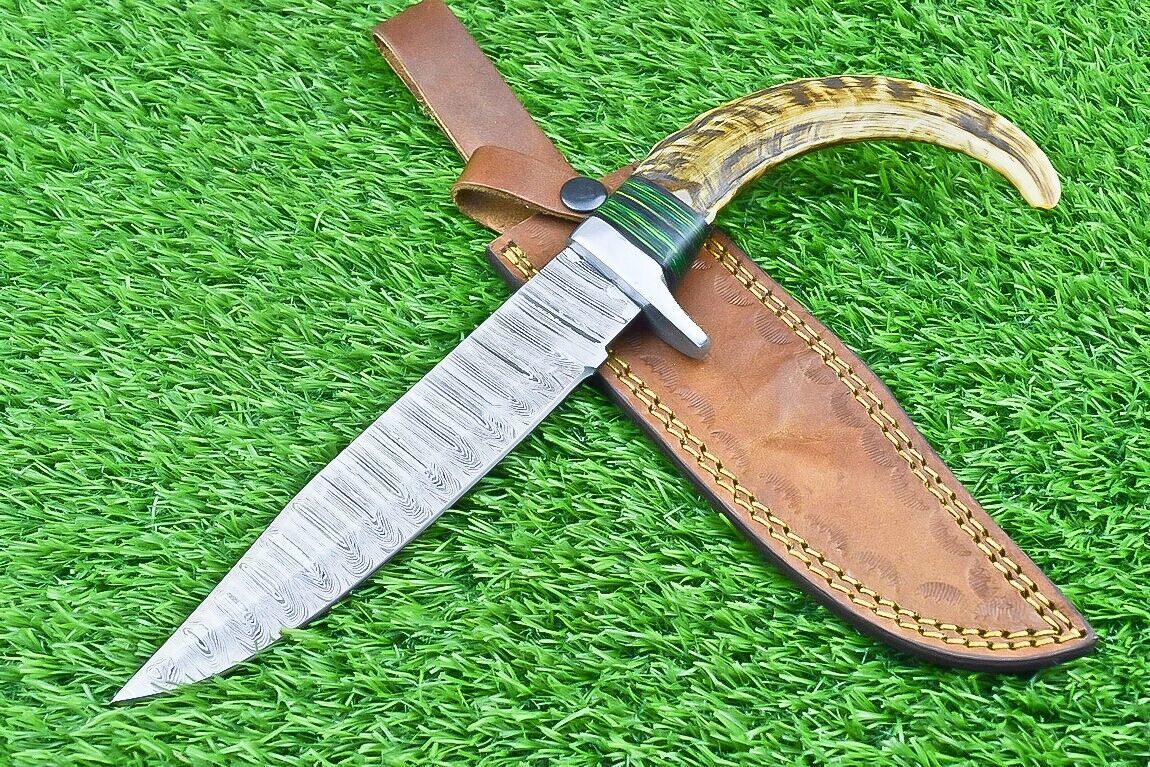 12 Inch Damascus Bowie Knife with Ram Horn and Wood Handle