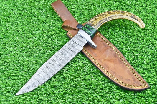 12 Inch Damascus Bowie Knife with Ram Horn and Wood Handle