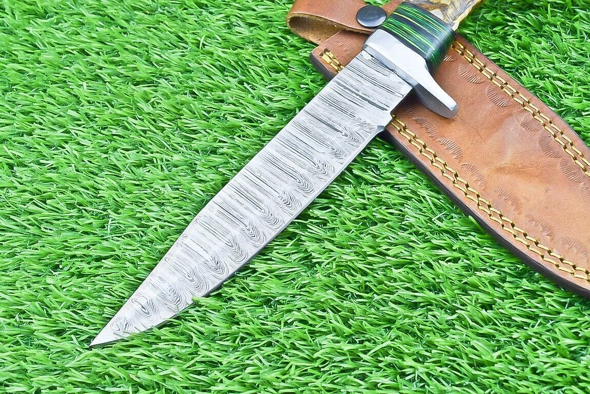 12 Inch Damascus Bowie Knife with Ram Horn and Wood Handle