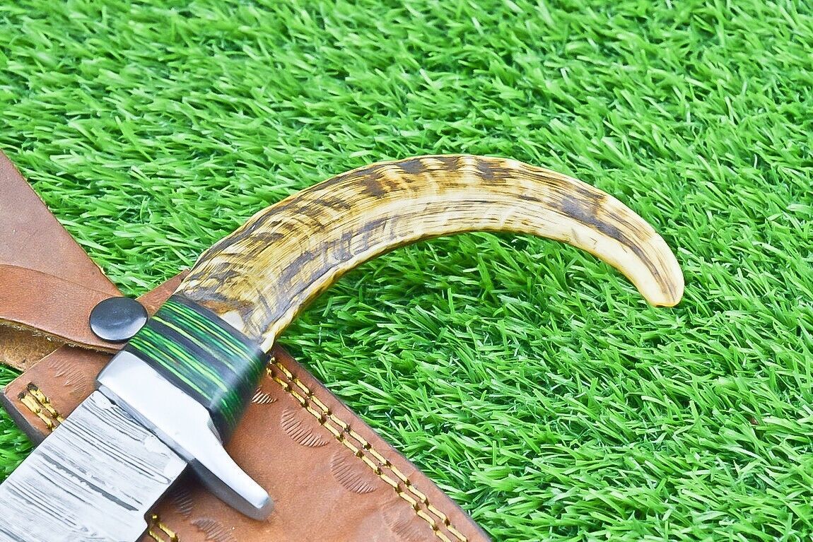 12 Inch Damascus Bowie Knife with Ram Horn and Wood Handle