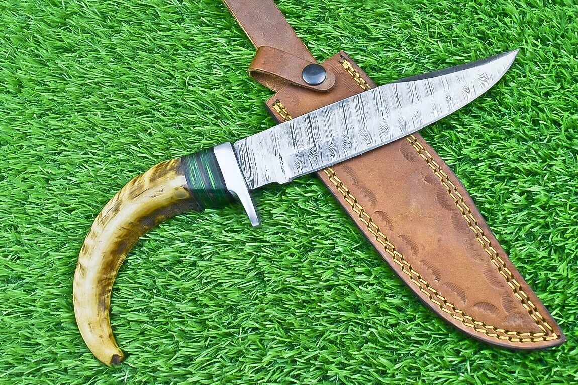 12 Inch Damascus Bowie Knife with Ram Horn and Wood Handle
