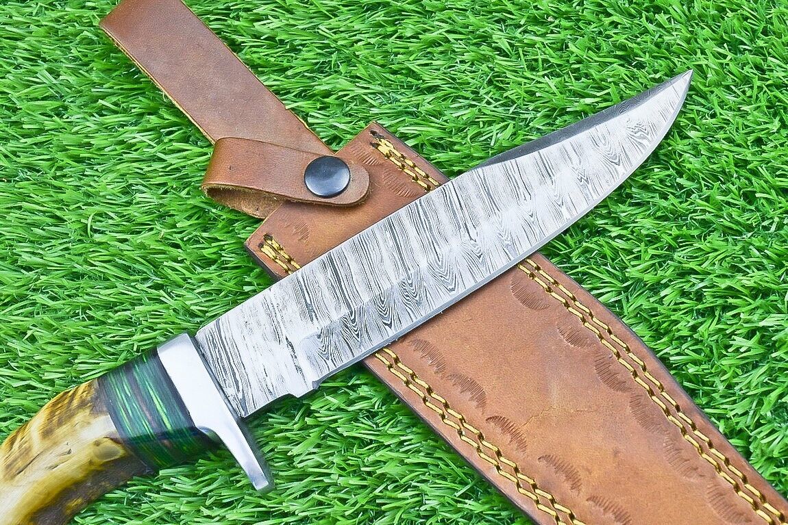 12 Inch Damascus Bowie Knife with Ram Horn and Wood Handle
