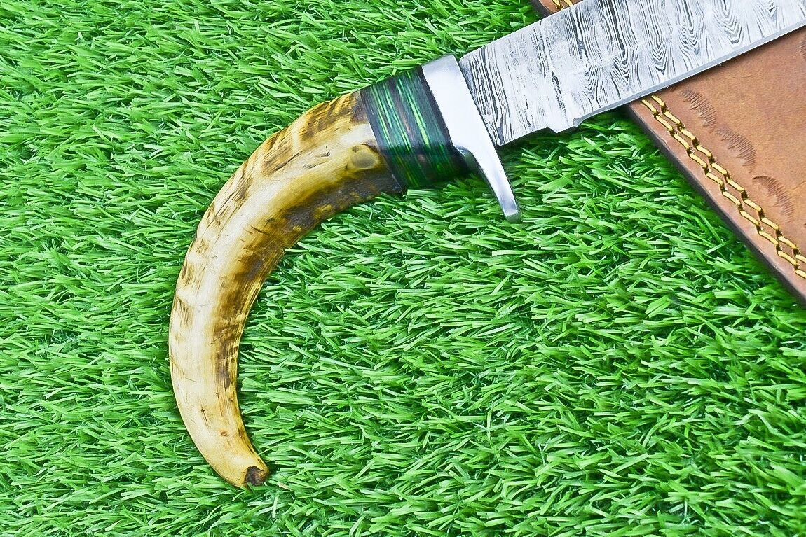 12 Inch Damascus Bowie Knife with Ram Horn and Wood Handle