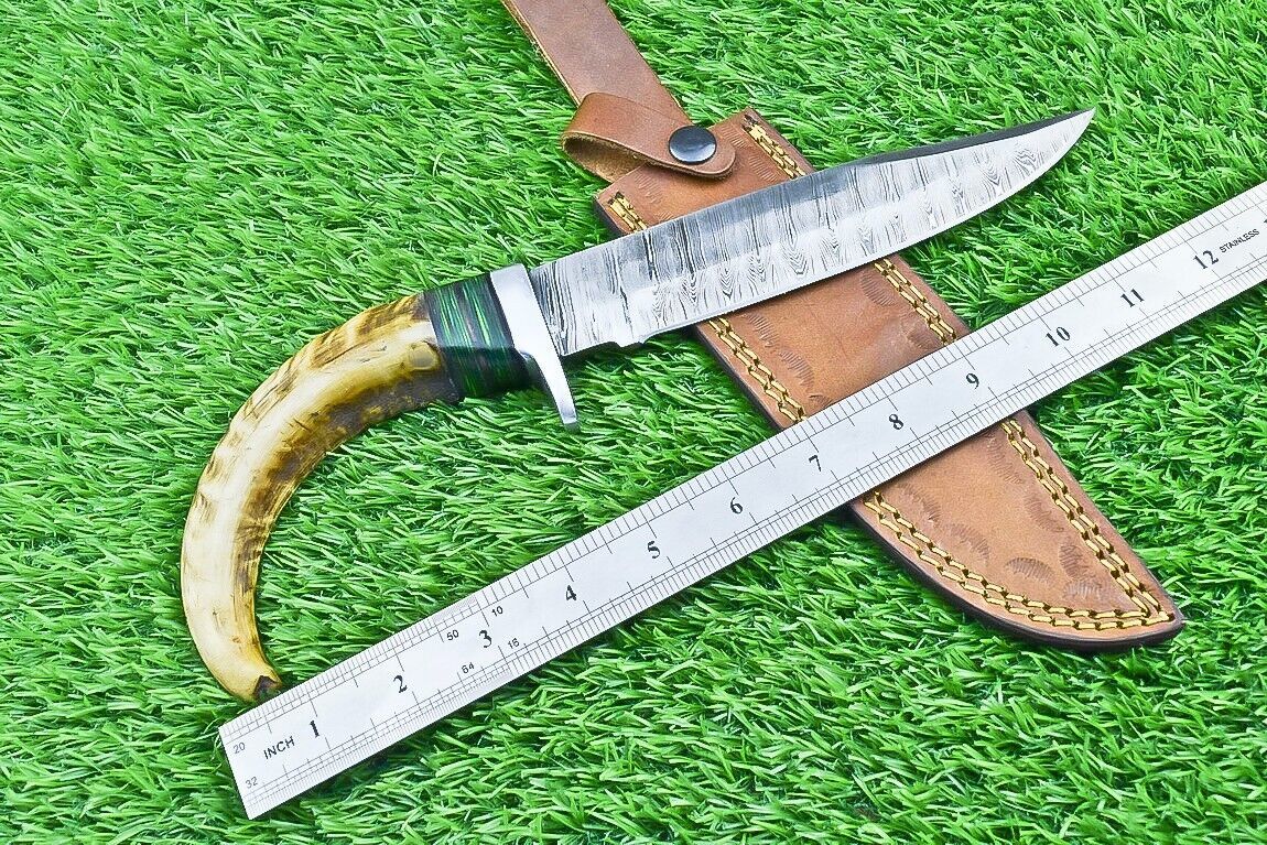 12 Inch Damascus Bowie Knife with Ram Horn and Wood Handle