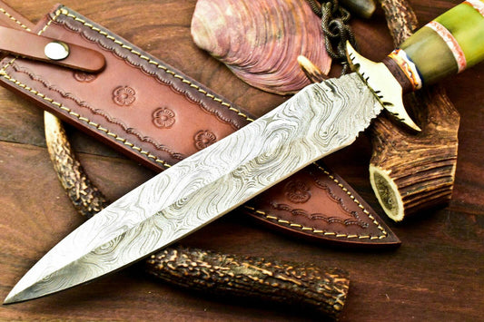 15" Handmade Damascus Steel Bowie Hunting Knife – Bone Handle
