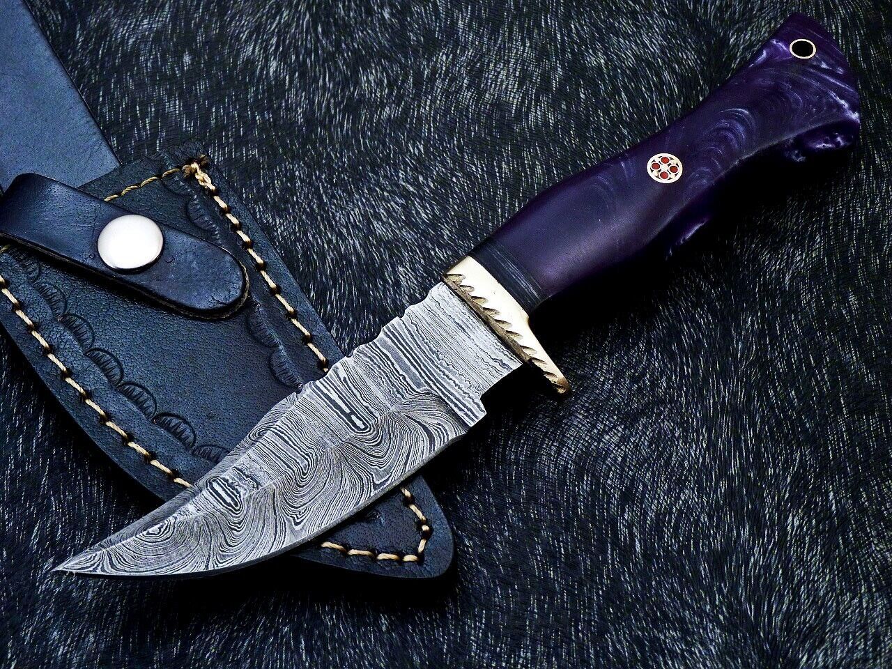 10" Resin Handle Damascus Steel Bowie Knife – Brass Bolster & Leather Sheath
