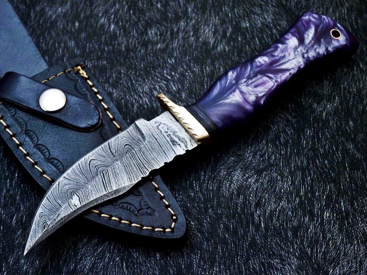 10" Resin Handle Damascus Steel Bowie Knife – Brass Bolster & Leather Sheath