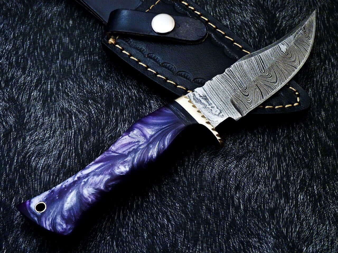 10" Resin Handle Damascus Steel Bowie Knife – Brass Bolster & Leather Sheath
