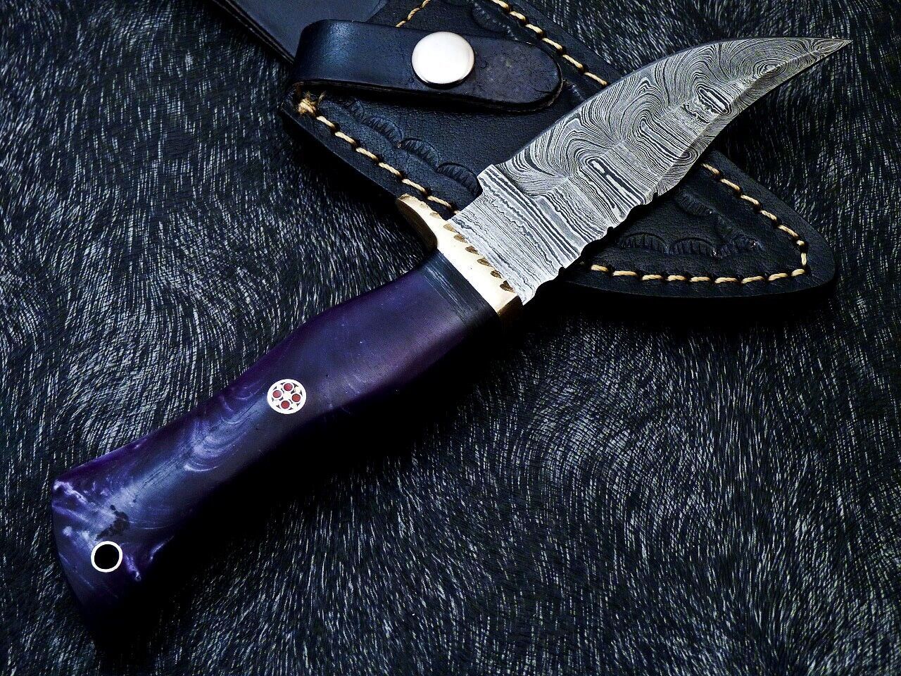 10" Resin Handle Damascus Steel Bowie Knife – Brass Bolster & Leather Sheath
